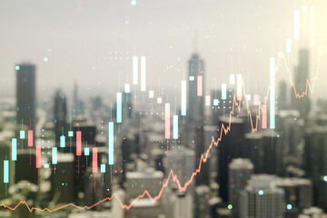 Multi exposure of virtual creative financial chart hologram on blurry cityscape background, research and analytics concept