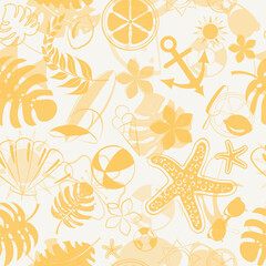 Seamless pattern of various items related to summer holidays at sea, yellow on white background © Olga Moonlight
