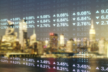 Multi exposure of abstract statistics data hologram interface on blurry office buildings background, computing and analytics concept