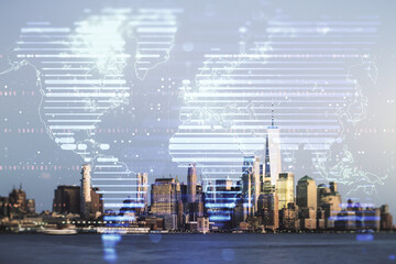 Multi exposure of abstract graphic world map on Manhattan cityscape background, big data and...