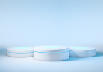 Three cylindrical podium on blue background