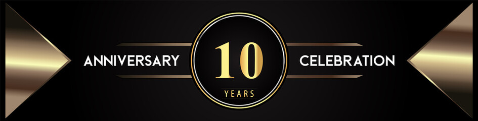 10 years anniversary celebration logo with gold number and metal triangle shapes on black background. Premium design for weddings, greetings card, happy birthday, poster, banner.