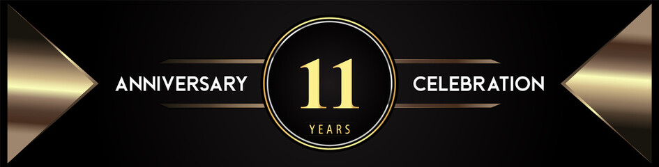 11 years anniversary celebration logo with gold number and metal triangle shapes on black background. Premium design for weddings, greetings card, happy birthday, poster, banner.