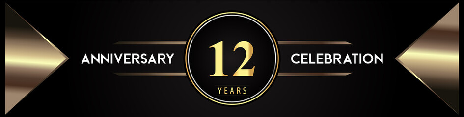 12 years anniversary celebration logo with gold number and metal triangle shapes on black background. Premium design for weddings, greetings card, happy birthday, poster, banner.