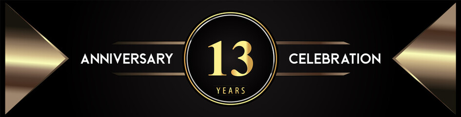 13 years anniversary celebration logo with gold number and metal triangle shapes on black background. Premium design for weddings, greetings card, happy birthday, poster, banner.