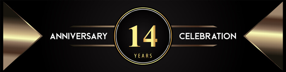 14 years anniversary celebration logo with gold number and metal triangle shapes on black background. Premium design for weddings, greetings card, happy birthday, poster, banner.