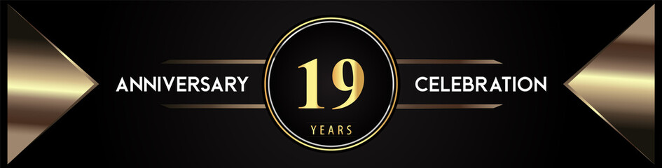19 years anniversary celebration logo with gold number and metal triangle shapes on black background. Premium design for weddings, greetings card, happy birthday, poster, banner.