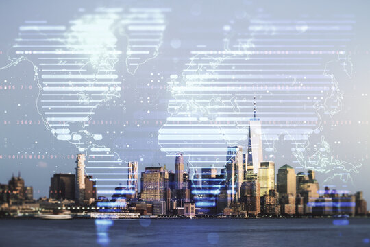 Multi exposure of abstract graphic world map on Manhattan cityscape background, big data and networking concept