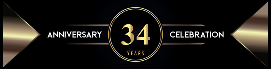 34 years anniversary celebration logo with gold number and metal triangle shapes on black background. Premium design for weddings, greetings card, happy birthday, poster, banner.