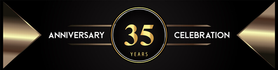 35 years anniversary celebration logo with gold number and metal triangle shapes on black background. Premium design for weddings, greetings card, happy birthday, poster, banner.
