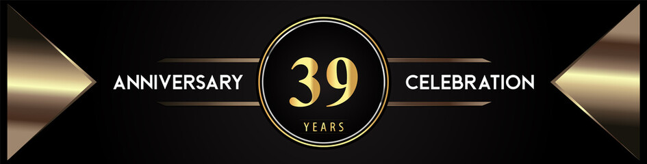 39 years anniversary celebration logo with gold number and metal triangle shapes on black background. Premium design for weddings, greetings card, happy birthday, poster, banner.