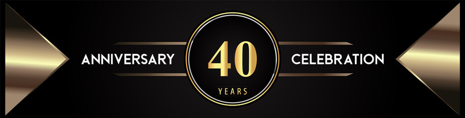 40 years anniversary celebration logo with gold number and metal triangle shapes on black background. Premium design for weddings, greetings card, happy birthday, poster, banner.