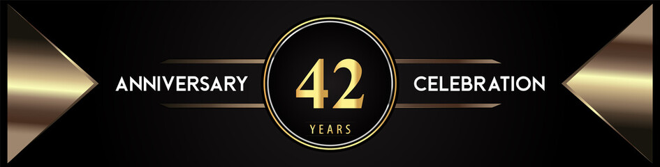 42 years anniversary celebration logo with gold number and metal triangle shapes on black background. Premium design for weddings, greetings card, happy birthday, poster, banner.
