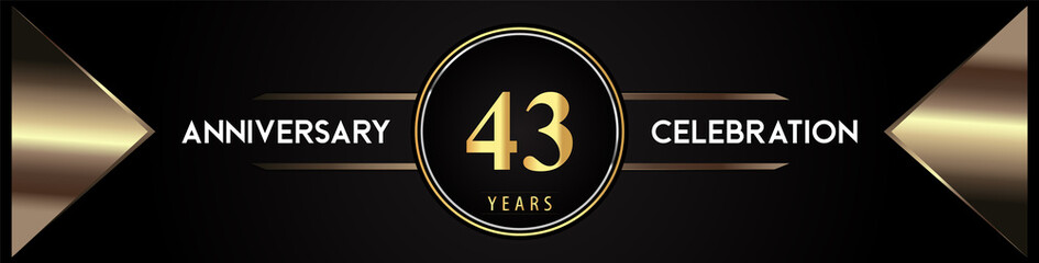 43 years anniversary celebration logo with gold number and metal triangle shapes on black background. Premium design for weddings, greetings card, happy birthday, poster, banner.