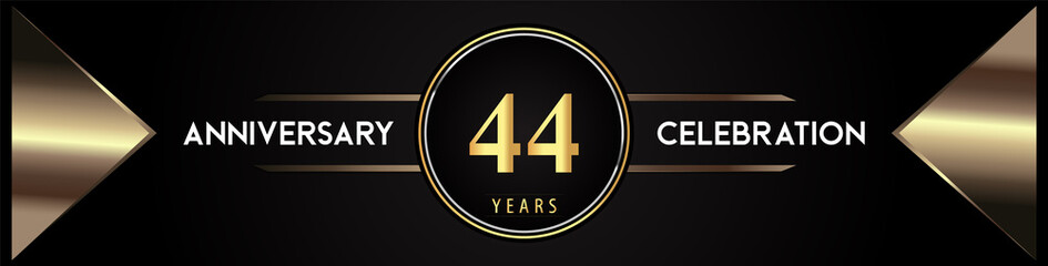 44 years anniversary celebration logo with gold number and metal triangle shapes on black background. Premium design for weddings, greetings card, happy birthday, poster, banner.