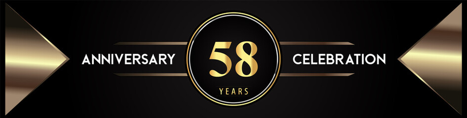 58 years anniversary celebration logo with gold number and metal triangle shapes on black background. Premium design for weddings, greetings card, happy birthday, poster, banner.