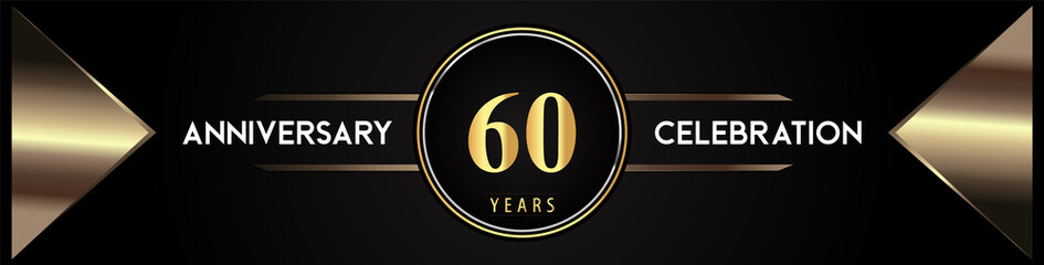 60 years anniversary celebration logo with gold number and metal triangle shapes on black background. Premium design for weddings, greetings card, happy birthday, poster, banner.
