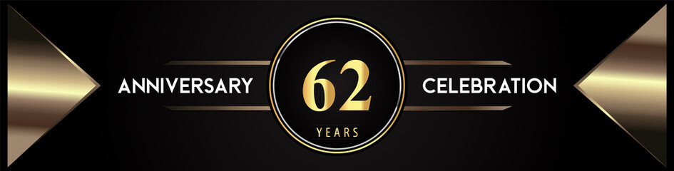 62 years anniversary celebration logo with gold number and metal triangle shapes on black background. Premium design for weddings, greetings card, happy birthday, poster, banner.