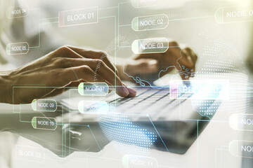 Multi exposure of abstract creative coding sketch with world map and hands typing on computer keyboard on background, artificial intelligence and neural networks concept