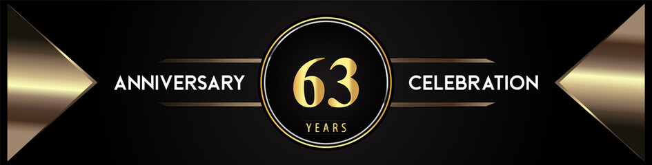 63 years anniversary celebration logo with gold number and metal triangle shapes on black background. Premium design for weddings, greetings card, happy birthday, poster, banner.