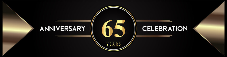 65 years anniversary celebration logo with gold number and metal triangle shapes on black background. Premium design for weddings, greetings card, happy birthday, poster, banner.