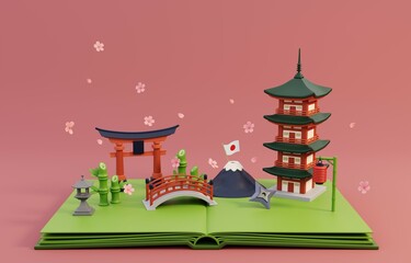 Pop up book with traditional symbols of architecture and culture of Japan. 3D Render Illustration.