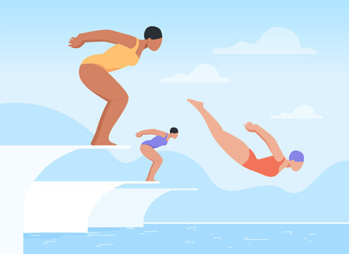 Women in swimsuit diving into water flat vector illustration. Female divers or swimmers jumping from trampoline or diving board during high diving competition race. Sport, fitness concept