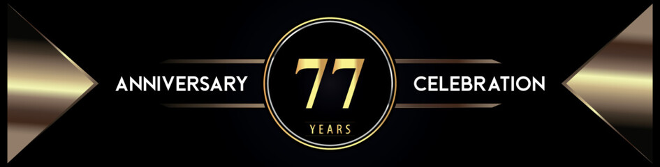 77 years anniversary celebration logo with gold number and metal triangle shapes on black background. Premium design for weddings, greetings card, happy birthday, poster, banner.