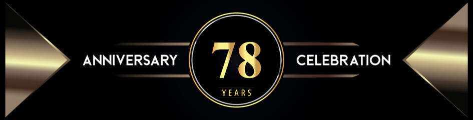 78 years anniversary celebration logo with gold number and metal triangle shapes on black background. Premium design for weddings, greetings card, happy birthday, poster, banner.