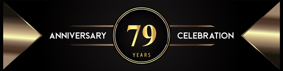 79 years anniversary celebration logo with gold number and metal triangle shapes on black background. Premium design for weddings, greetings card, happy birthday, poster, banner.