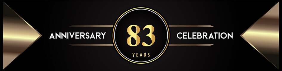 83 years anniversary celebration logo with gold number and metal triangle shapes on black background. Premium design for weddings, greetings card, happy birthday, poster, banner.