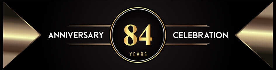84 years anniversary celebration logo with gold number and metal triangle shapes on black background. Premium design for weddings, greetings card, happy birthday, poster, banner.