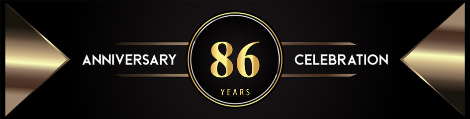 86 years anniversary celebration logo with gold number and metal triangle shapes on black background. Premium design for weddings, greetings card, happy birthday, poster, banner.