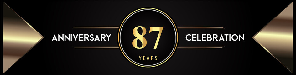 87 years anniversary celebration logo with gold number and metal triangle shapes on black background. Premium design for weddings, greetings card, happy birthday, poster, banner.