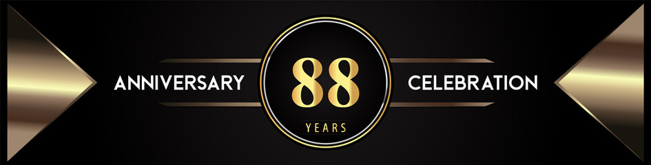 88 years anniversary celebration logo with gold number and metal triangle shapes on black background. Premium design for weddings, greetings card, happy birthday, poster, banner.