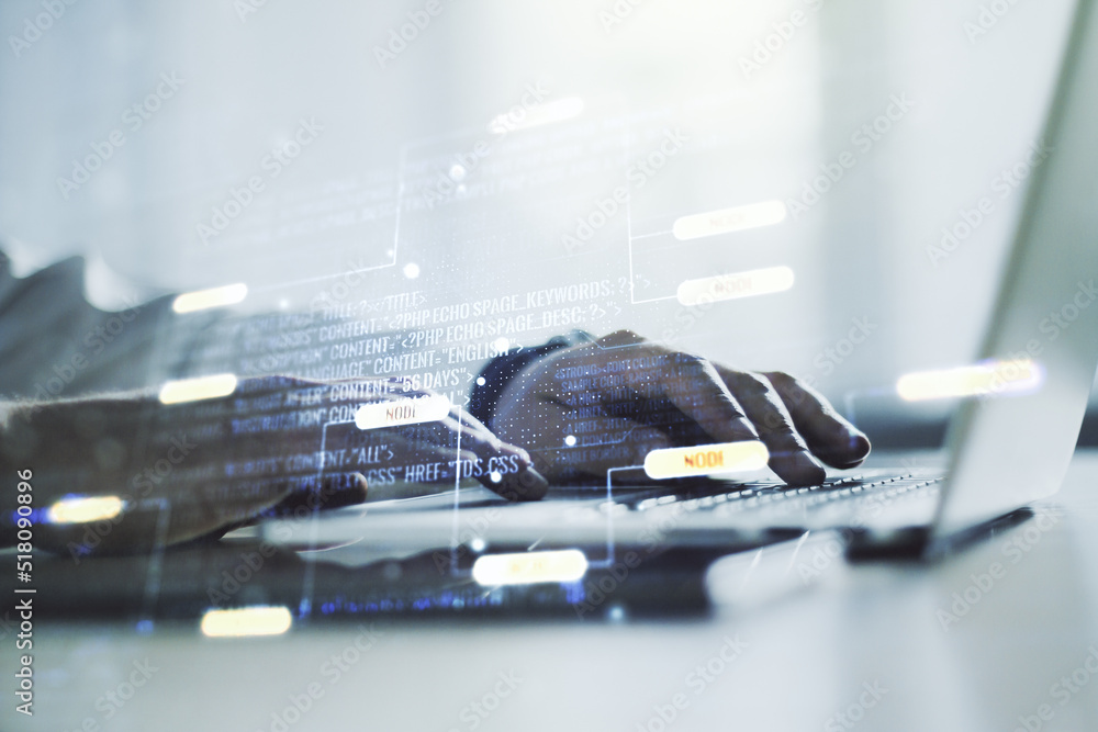 Poster double exposure of abstract programming language hologram with hands typing on laptop on background,