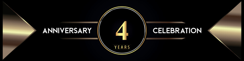 4 years anniversary celebration logo with gold number and metal triangle shapes on black background. Premium design for weddings, greetings card, happy birthday, poster, banner.