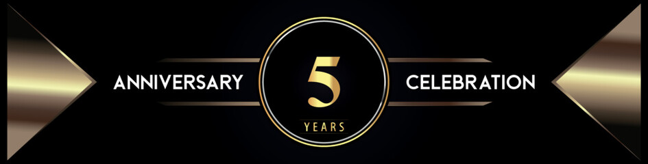 5 years anniversary celebration logo with gold number and metal triangle shapes on black background. Premium design for weddings, greetings card, happy birthday, poster, banner.