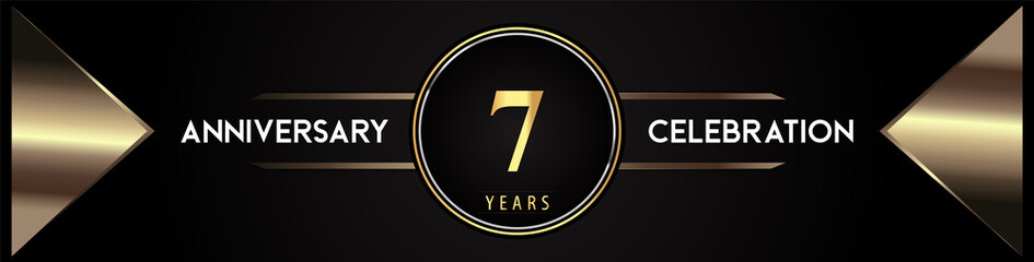 7 years anniversary celebration logo with gold number and metal triangle shapes on black background. Premium design for weddings, greetings card, happy birthday, poster, banner.