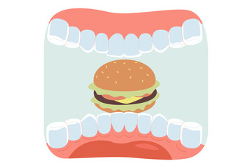 Burger in mouth flat vector illustration. Hungry person eating hamburger or cheeseburger. Fast food, unhealthy lifestyle concept for banner, website design or landing web page