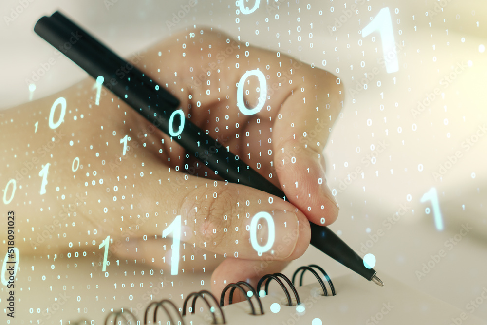 Leinwandbilder Creative abstract binary code sketch and man hand writing in notepad on background, hacking and matrix concept. Multiexposure