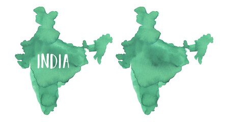 Watercolour illustration set of India Map Silhouette in green color in two variations: with text lettering example and blank one. Hand painted drawing on white, isolated clip art element for design.