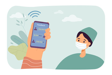 Phone with patients feedback and doctor flat vector illustration. Users rating therapist in mobile app. Medicine, health care, evaluation concept for banner, website design or landing web page