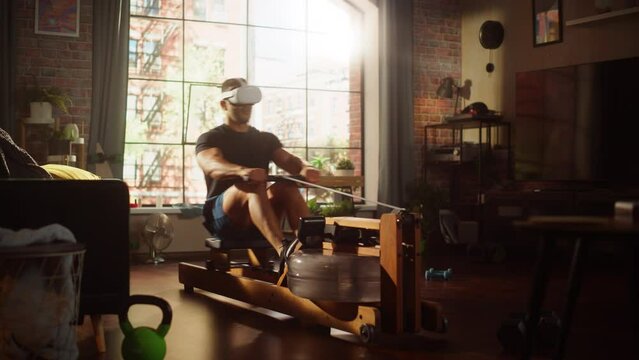 Futuristic Meta Home Gym: Strong Athletic Black Man Exercising on Rowing Machine Wearing Virtual Reality Headset. Muscular Mixed Race Sportsman Staying Healthy Using Internet VR Workout Service