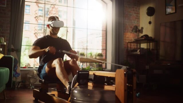 Futuristic Meta Home Gym: Strong Athletic Black Man Exercising on Rowing Machine Wearing Virtual Reality Headset. Muscular Mixed Race Sportsman Stays Healthy and Connected Using VR Workout Service
