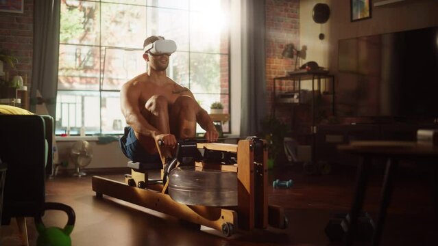 Futuristic Meta Home Gym: Strong Athletic Black Man Exercising on Rowing Machine Wearing Virtual Reality Headset. Muscular Mixed Race Sportsman Staying Healthy Using Internet VR Workout Service