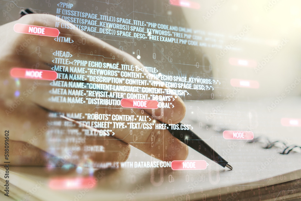 Poster multi exposure of abstract software development hologram and man hand writing in notebook on backgro