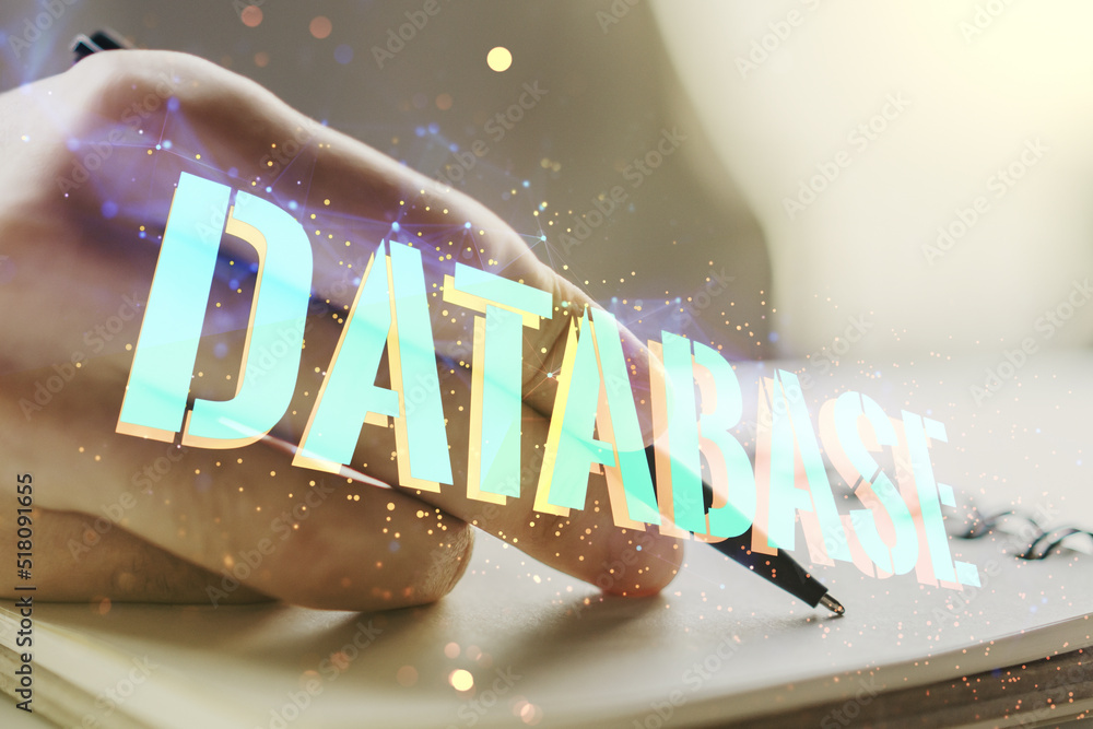 Poster double exposure of database word sign with man hand writing in diary on background, global research 