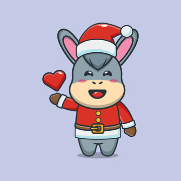 Cute donkey wearing santa costume. Cute christmas cartoon vector illustration.