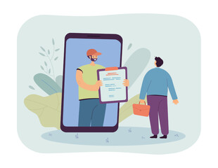 Courier with clipboard on phone screen flat vector illustration. Man doing purchases using mobile. Online shopping, delivery service concept for banner, website design or landing web page